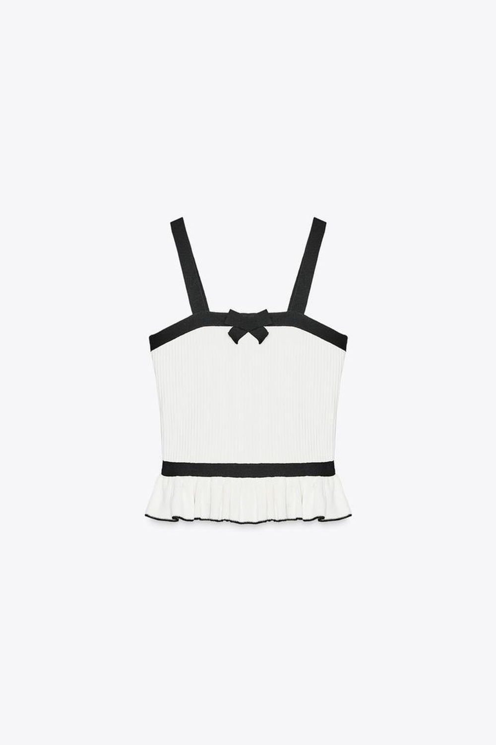 ZARA ТОП В РУБЧИК С ТРИКОТАЖНЫМ БАНТОМ, БЕЛЫЙ/ЧЕРНЫЙ