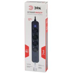 Сетевой фильтр ЭРА USF-4es-3m-3xUSBA-B с базовой защитой с заземлением с выключателем 4 розетки+3xUSBA 3,1A 3м 10А