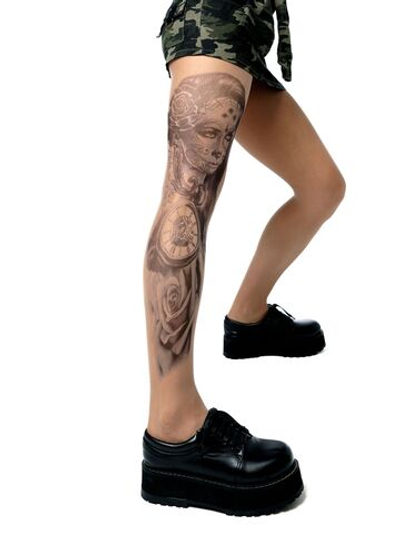 Колготки с рисунком в виде девушки с макияжем калавера на левой ножке (Размер: S-M-L) (Цвет: бежевый)