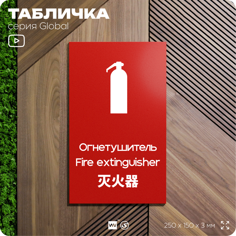 Табличка Огнетушитель, на дверь и стену, информационная и мультиязычная (русский, английский, китайский), серия GLOBAL, 25х15 см, Айдентика Технолоджи