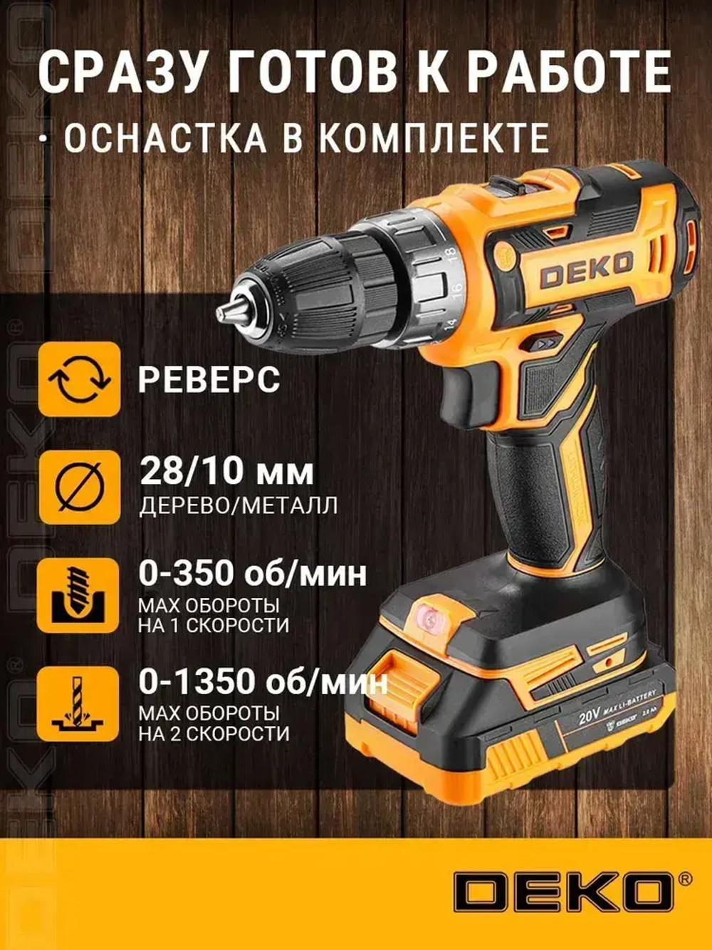 Аккумуляторная дрель-шуруповерт DEKO DKCD20V в кейсе + набор 63 инструмента для дома, 20В, 2х2.0Ач