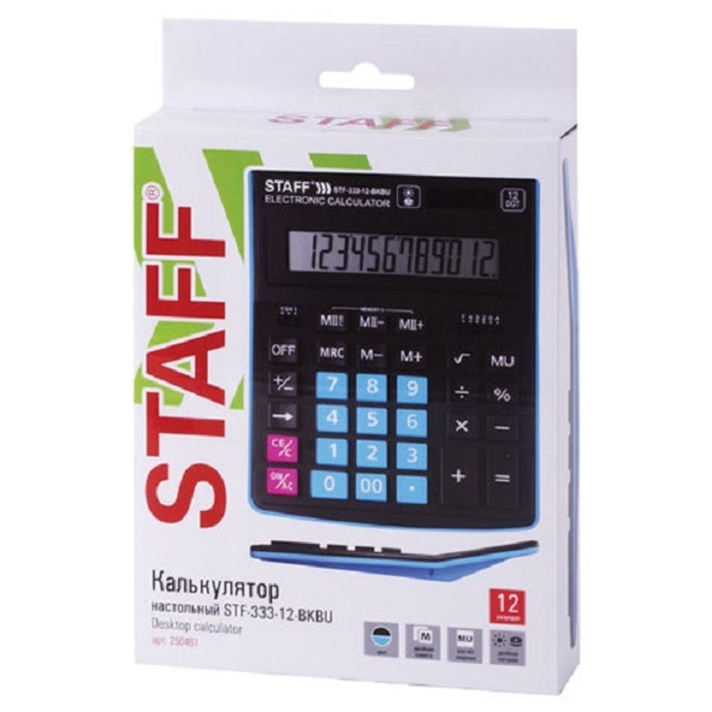 Калькулятор настольный Staff, 12 разрядов, PLUS STF-333-BKBU, двойное питание, 154х200мм, чер/син