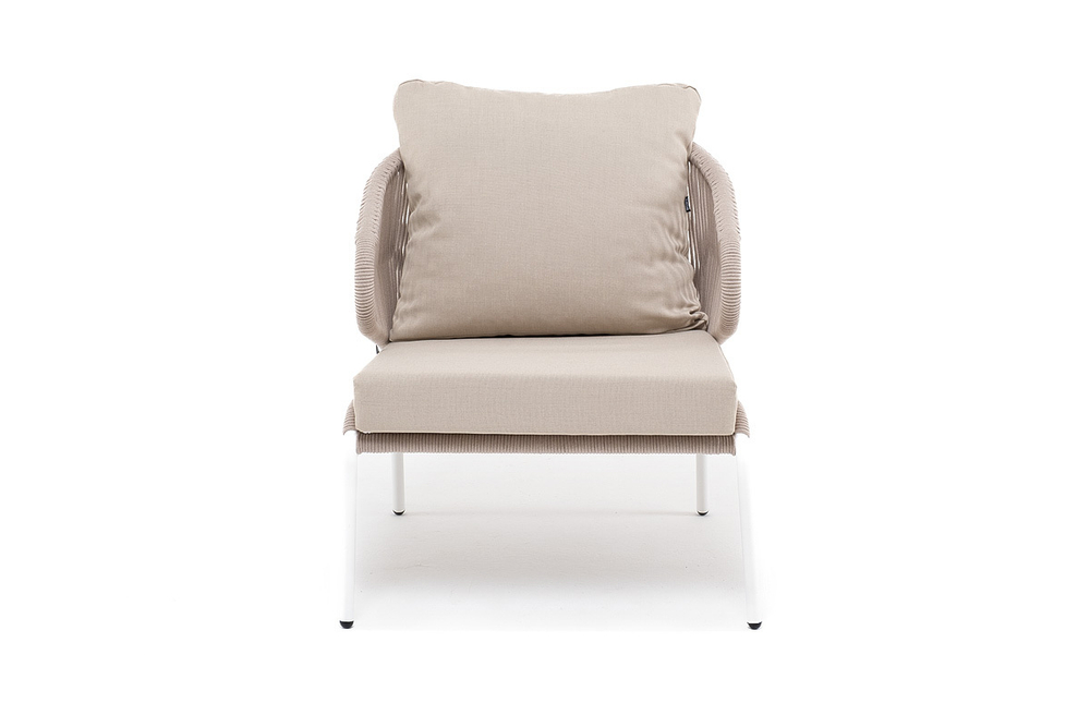 "Милан" кресло плетеное из роупа, каркас алюминий белый муар, роуп бежевый круглый, ткань бежевая 052