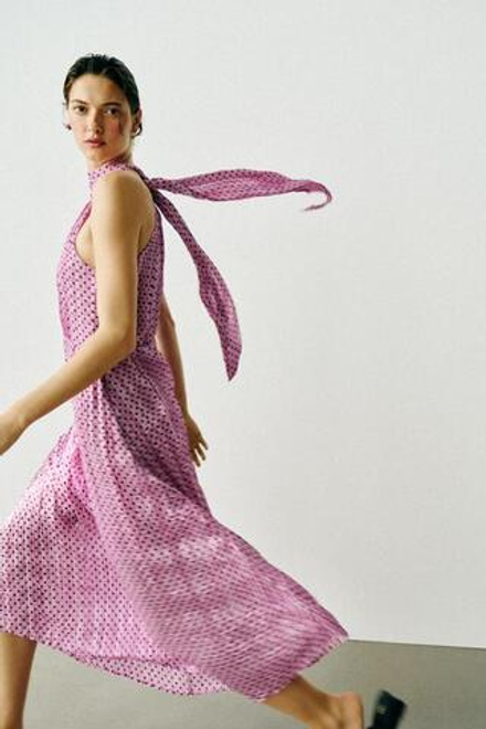 ZARA ПЛАТЬЕ МИДИ В ГОРОШЕК С БАНТОМ, РОЗОВЫЙ/ЛИЛОВЫЙ