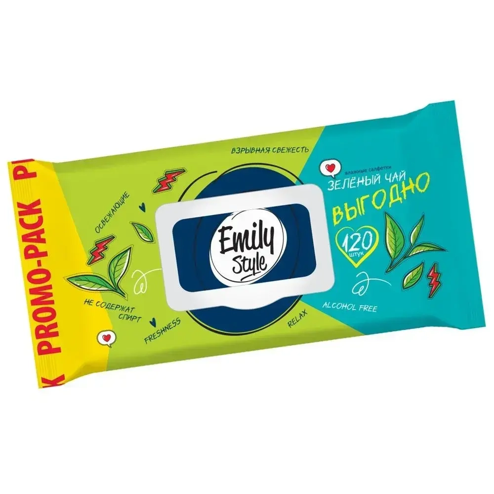 Салфетки влажные Emily Style ЗЕЛЕНЫЙ ЧАЙ ВЫГОДНО 100+20 штук упаковка с клапаном (+20% БЕ
