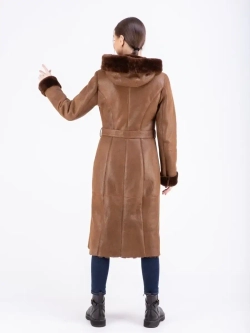 Дубленка женская натуральная длинная с капюшоном Турция