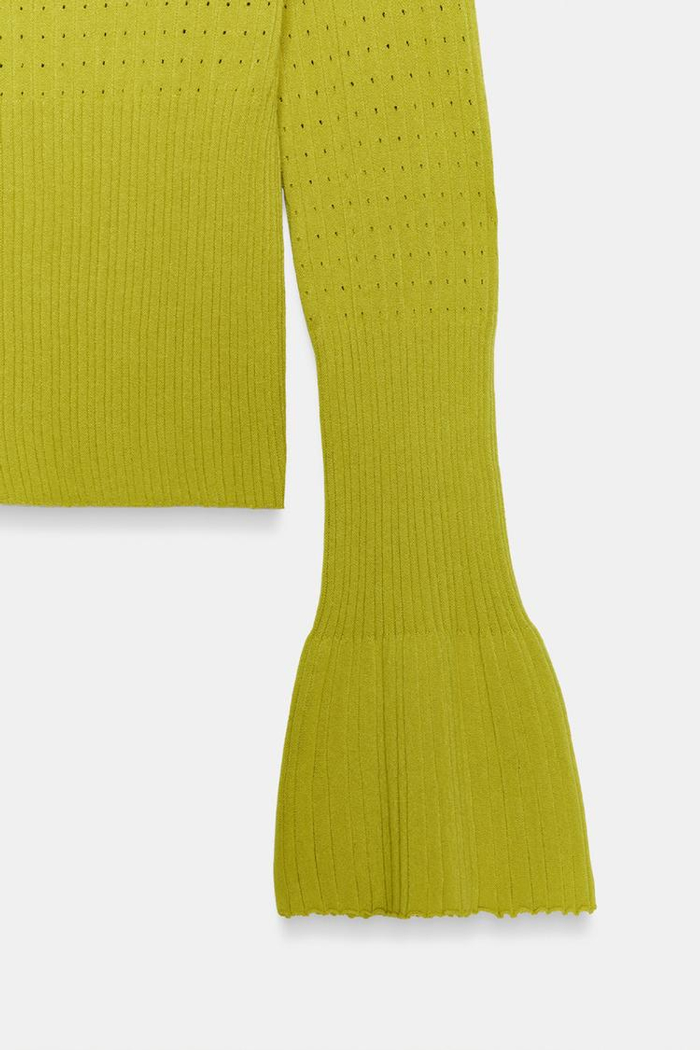 ZARA ДЖЕМПЕР ВЯЗАНЫЙ АЖУРНЫЙ С РУКАВАМИ КЛЕШ, ЗЕЛЕНЫЙ