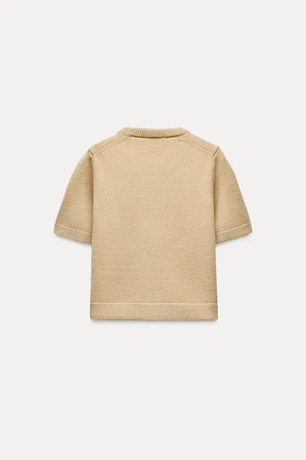 ZARA БАЗОВЫЙ ОДНОТОННЫЙ ТРИКОТАЖНЫЙ ТОП С КОРОТКИМИ РУКАВАМИ, БЕЖЕВЫЙ