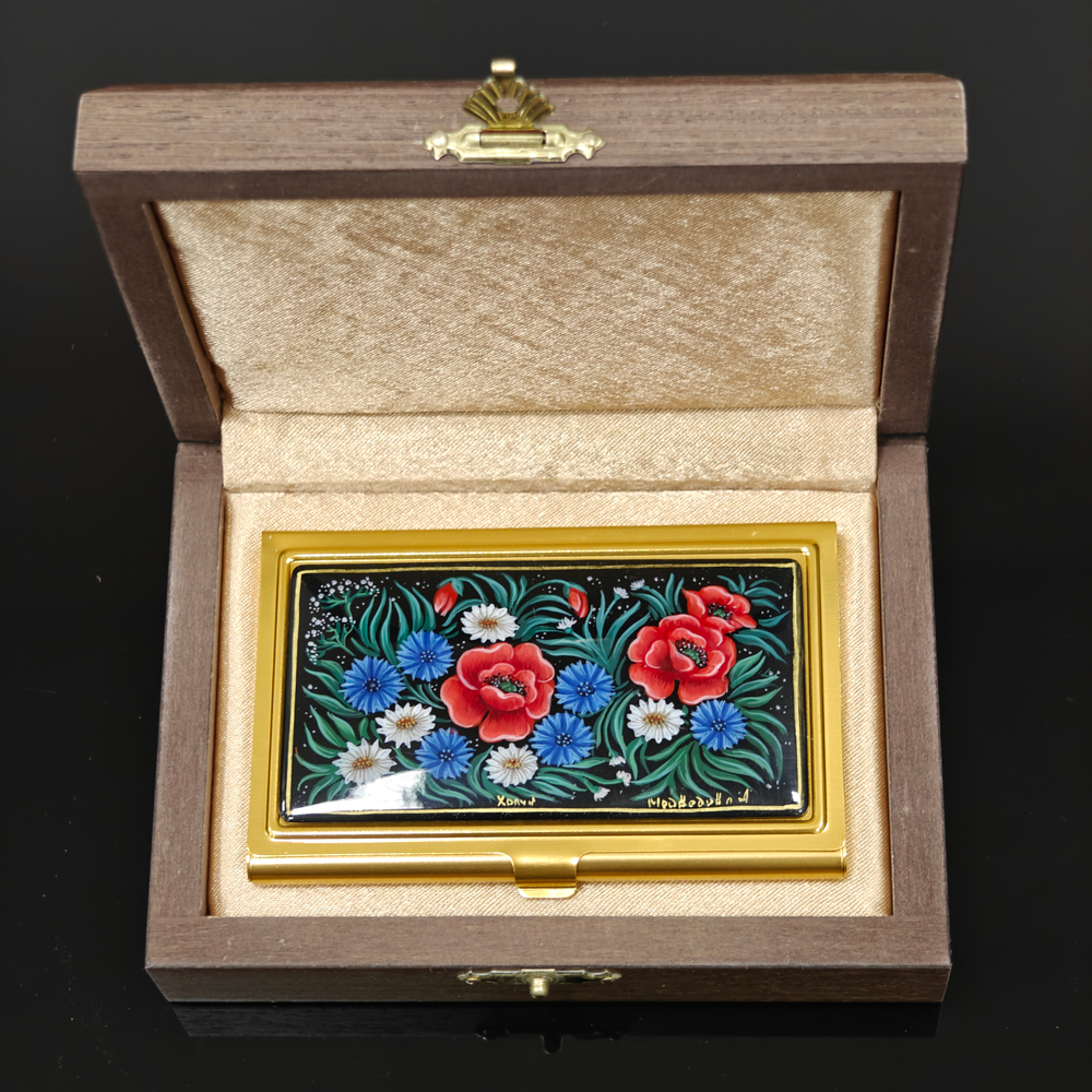 Коллекционная визитница "Полевые цветы" с ручной росписью Палех в футляре