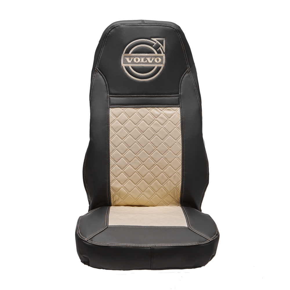 Чехлы VOLVO FH-13 после 2018 года: 2 высоких сиденья, ремни из сиденья (есть вырезы под ремень) (экокожа, черный, бежевая вставка)