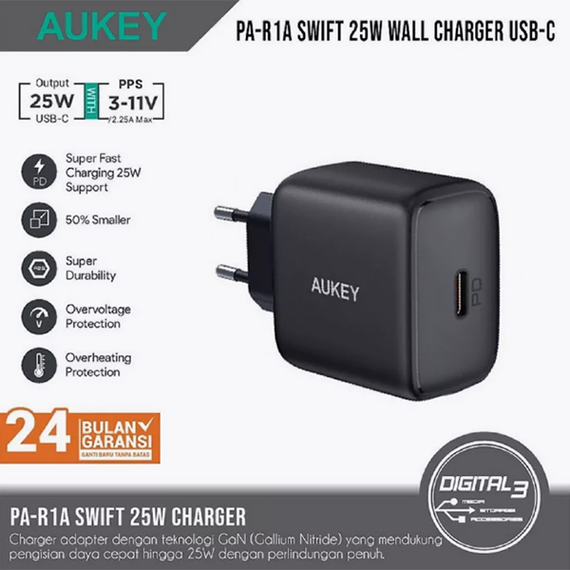 Сетевое зарядное устройство Aukey 25W PD 3.0+ PPS (PA-R1A) черный
