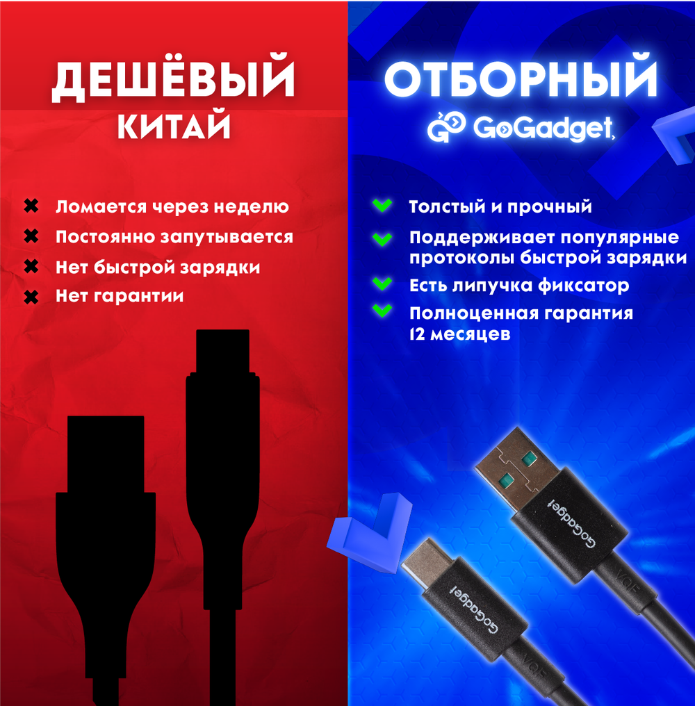 Кабель GoGadget USB-A/USB-С 1,2 м 6А