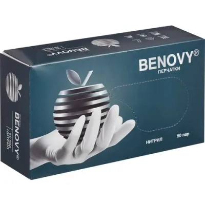 Перчатки нитриловые смотровые нестерильные неопудренные текстурированные на пальцах Benovy размер M белые 50 пар