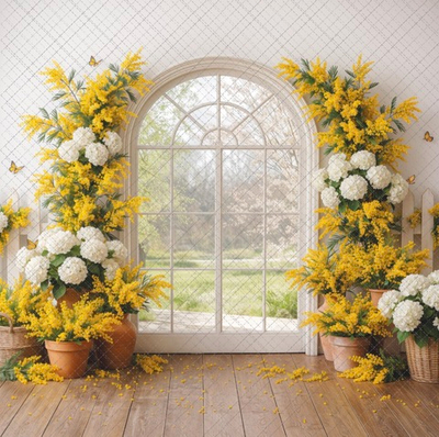 Окно - мимоза - гортензии - фон неопреновый