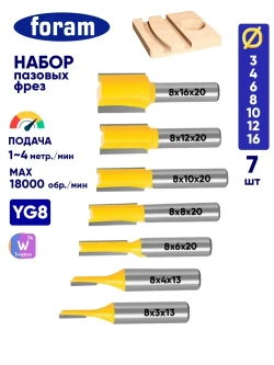 Набор фрез по дереву, 7шт, FORAM, Фреза по дереву, пазовая прямая