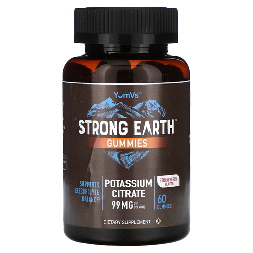 YumVs, Жевательные мармеладки Strong Earth, цитрат калия, клубника, 60 жевательных таблеток (49,5 мг в 1 жевательной мармеладке)