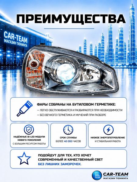Фары на Лада Калина 1 передние с Bi LED модулями 2.5 дюйма, хром маска (под ключ)