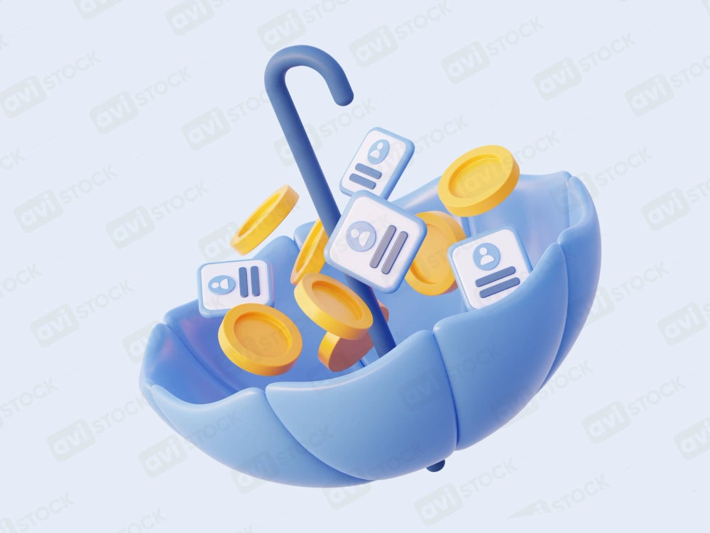 3D umbrella with coins and ID cards symbolizing insurance banking and protection PNG