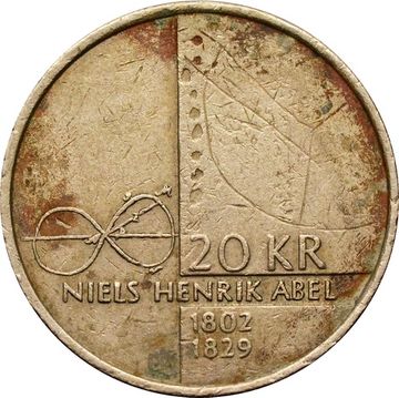 20 крон 2002 Норвегия «200 лет со дня рождения Нильса Хенрика Абеля»