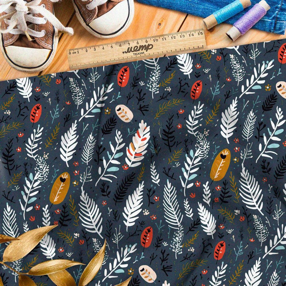 Ткань премиум флис белые веточки на сером