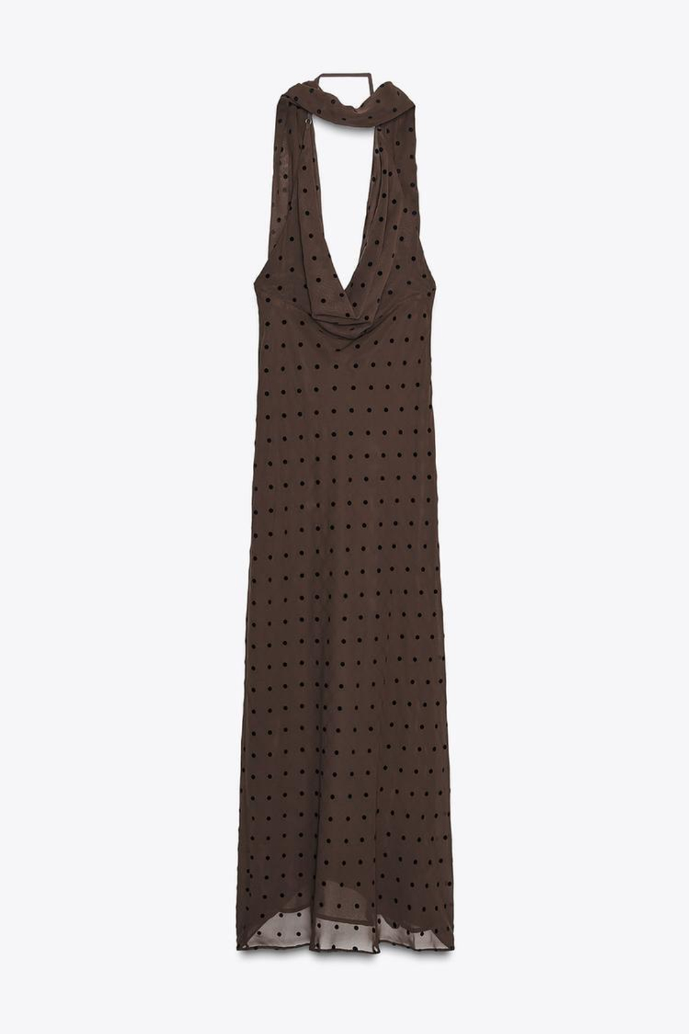 ZARA ДЛИННОЕ ПЛАТЬЕ В ГОРОШЕК С ПЛАТКОМ, КОРИЧНЕВЫЙ