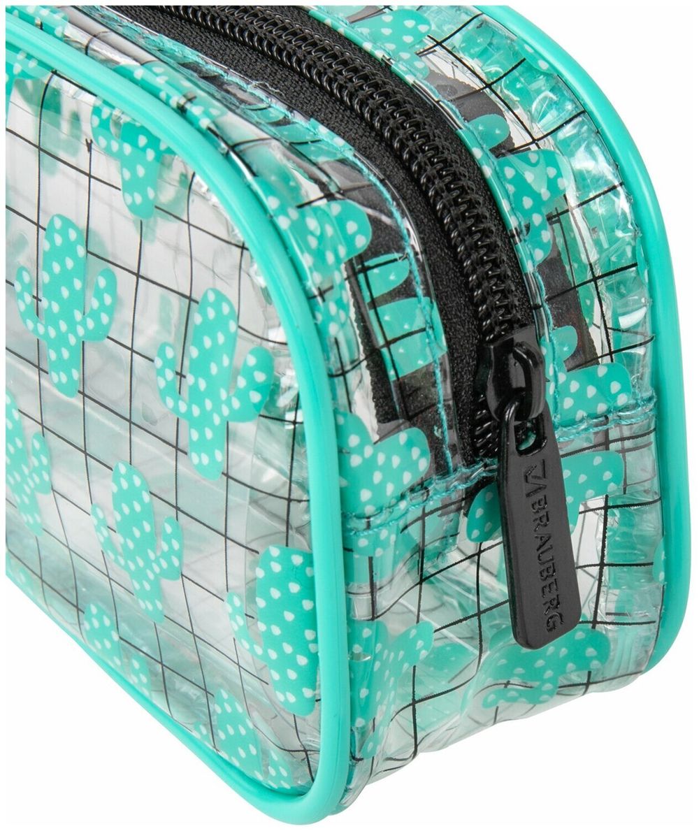 Пенал-косметичка BRAUBERG LUCENT на молнии, прозрачный, "Cactus", 21х5х9 см, 270053