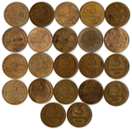 Набор монет 3 копейки СССР 1926, 28, 29, 30, 31, 32, 36, 37, 38, 39, 40, 41, 46, 48, 49, 50, 52, 53, 54, 55, 56, 57 гг. (22 монеты) VF-VG