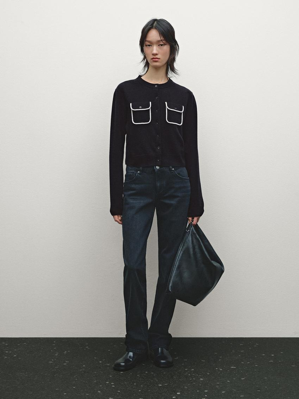 Massimo Dutti Контрастный кардиган с отделкой и карманами, темно-синий