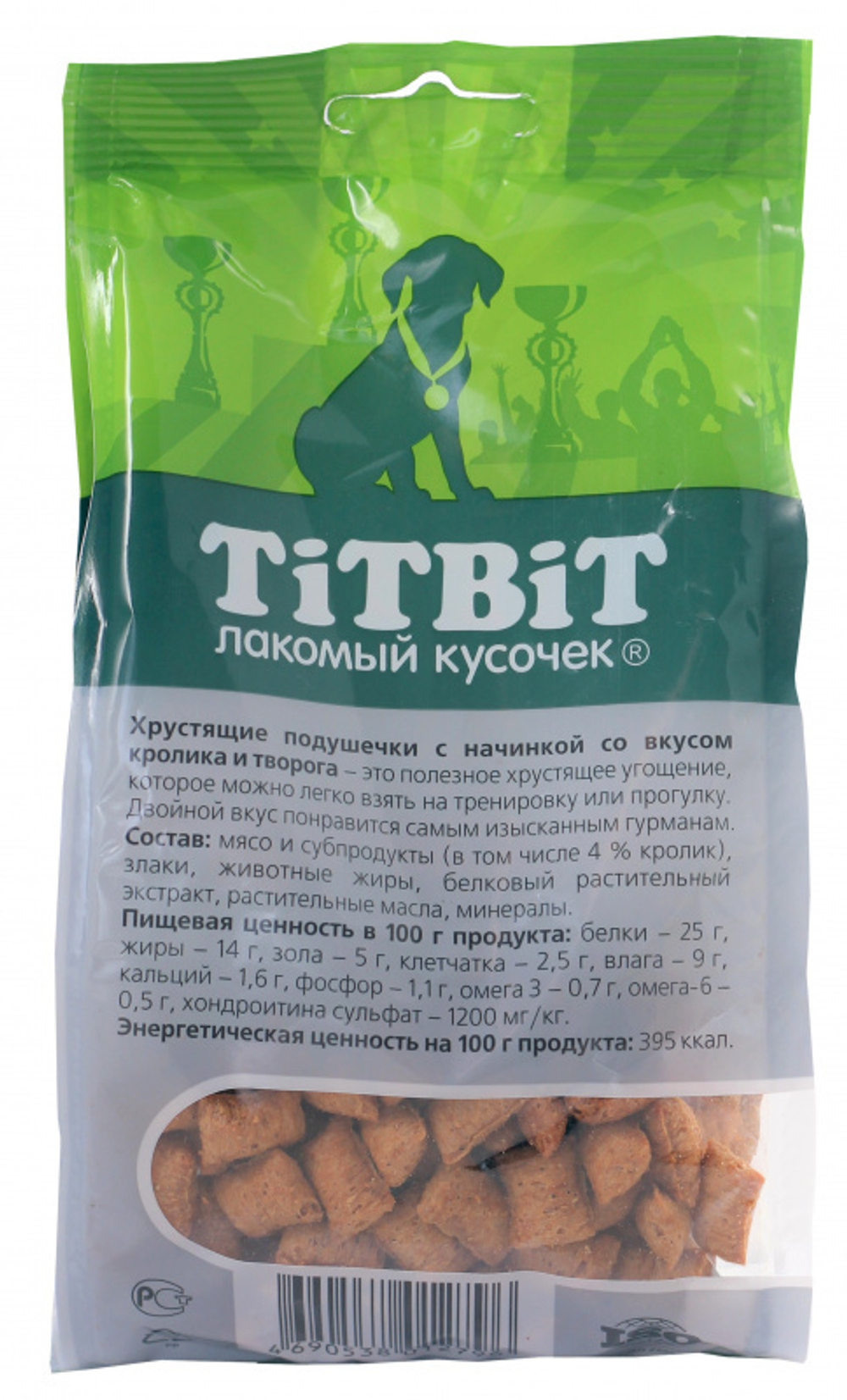 TitBit лакомство для собак Хрустящие подушечки с начинкой кролик и творог для щенков 95 гр.