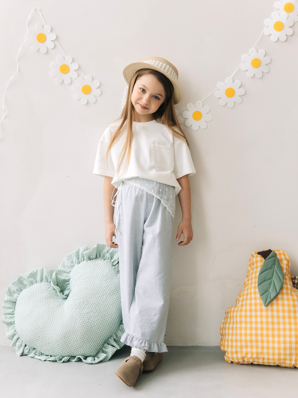 Брюки в полоску с рюшами, Голубой