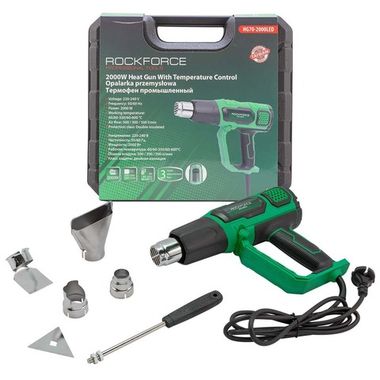 Фен промышленный электрический с насадками (220В,50/60Гц,2000Вт, 60/350/600С°, 50/300/500л/мин,3 режима,класс защиты-двойная изоляция)в кейсе RockForce##Rock FORCE RF-HG70-2000LED