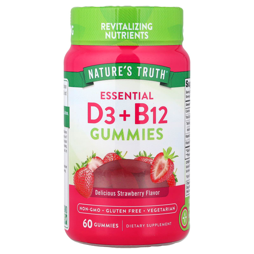Nature's Truth, Essential D3 и B12, жевательные таблетки, со вкусом клубники, 60 жевательных таблеток
