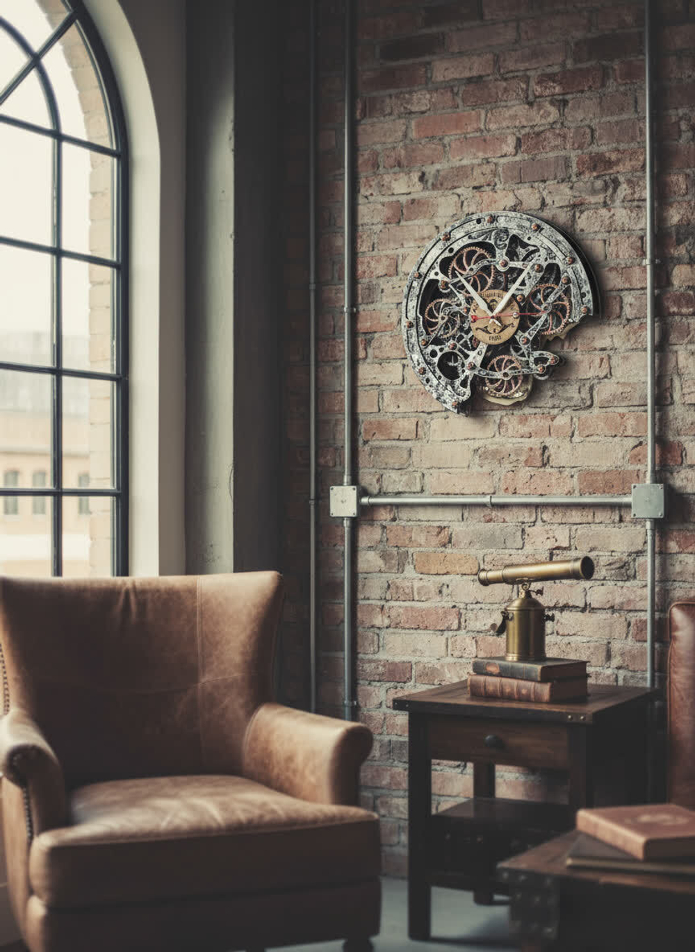Часы на кирпичной стене в гостиной с большими окнами — кинетический дизайн, мягкий дневной свет, стимпанк-атмосфера.
