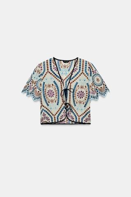 ZARA УКОРОЧЕННЫЙ ТОП С АЖУРНОЙ ВЫШИВКОЙ, РАЗНОЦВЕТНЫЙ