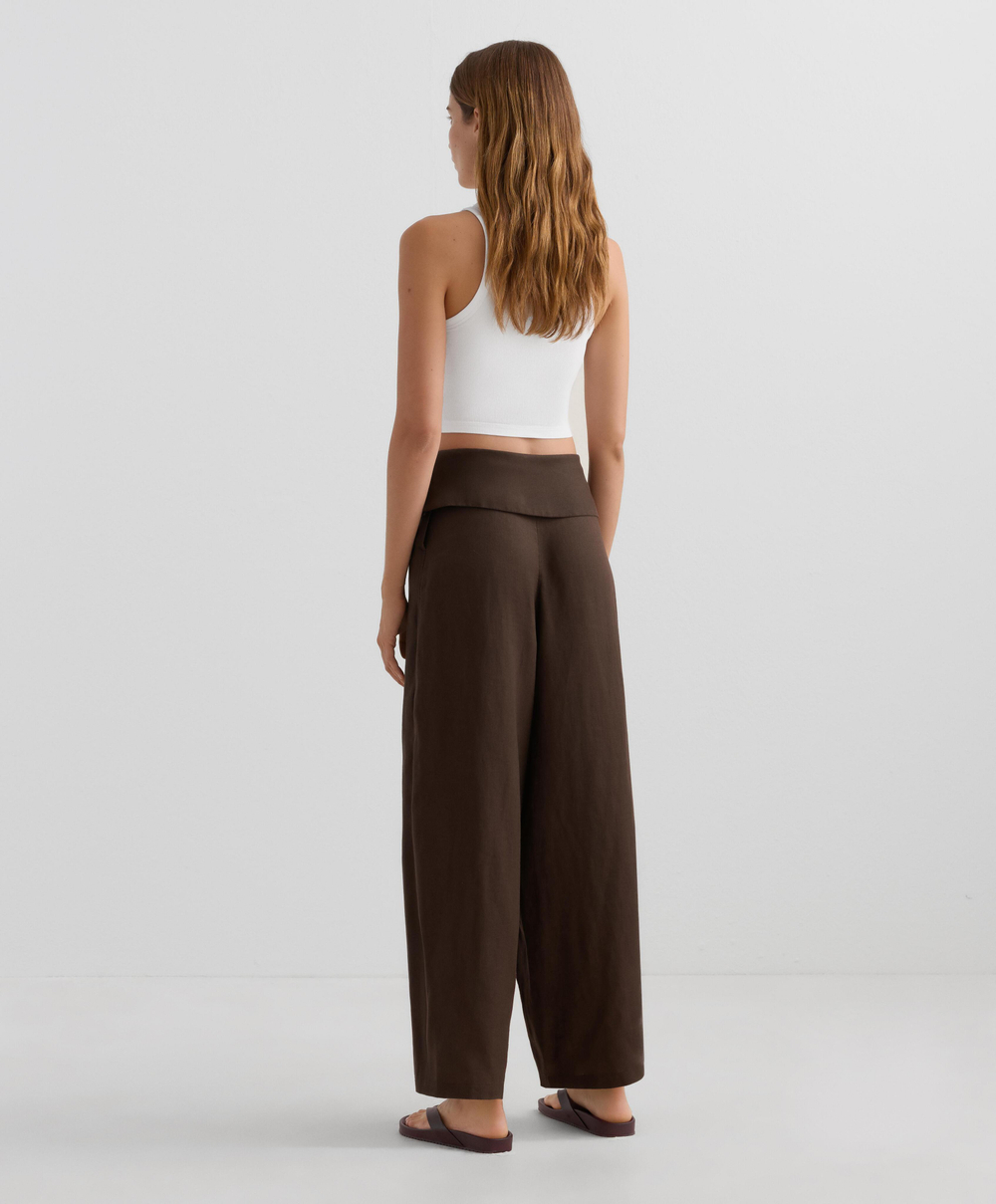 OYSHO Прямые брюки из 100% льна с подвернутым поясом, темно-коричневый