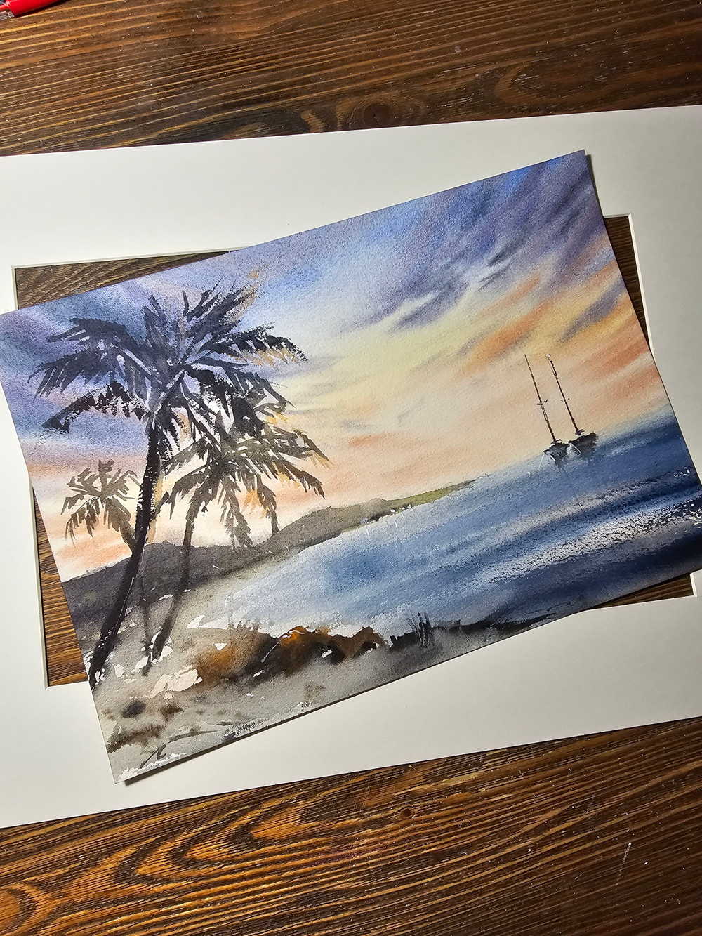 Картина авторская акварельная в паспарту 30х40 см на стену для интерьера "Пальмы на закате"