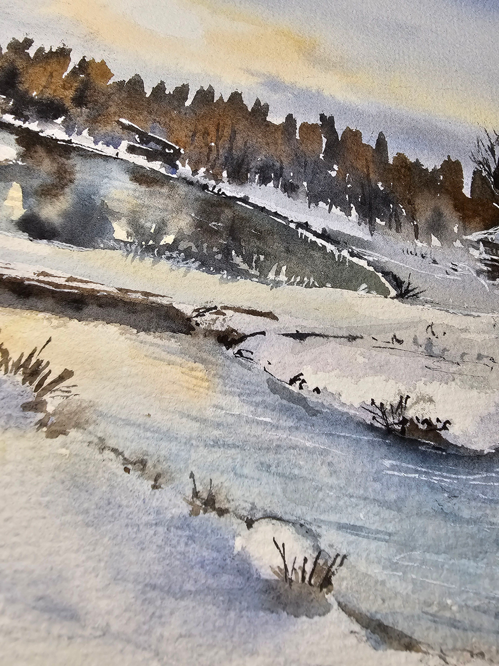 Картина авторская акварельная в паспарту 30х40 см на стену для интерьера "Зимний рассвет в Веребково"