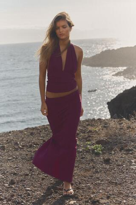 ZARA ЭЛАСТИЧНАЯ ЮБКА МИДИ, БАКЛАЖАНОВЫЙ