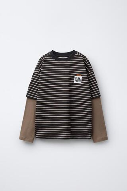 ZARA ФУТБОЛКА В ПОЛОСКУ С ДВОЙНЫМИ РУКАВАМИ, КОРИЧНЕВЫЙ