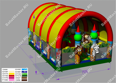 Коммерческий надувной батут "Зверята с крышей 2" 13*7*6 м