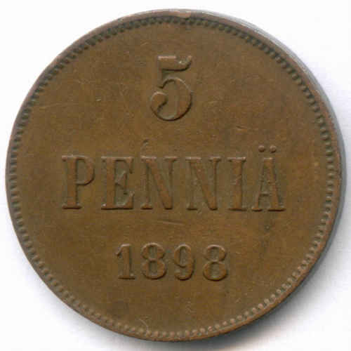 5 пенни 1898 год. Россия для Финляндии (Вензель Николая II). VF-XF