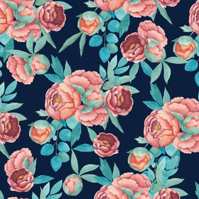 Винтажные коралловые пионы на темно - синем фоне