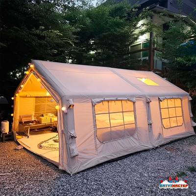 Пневмокаркасная всесезонная палатка «Тёплая Искра» 3,6×4,8×2,2 м — с печкой, из ПВХ, бежевая