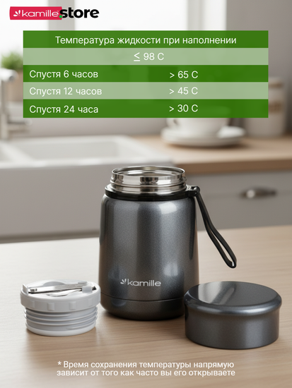 Термос для еды 530 мл. из нержавеющей стали Kamille KM 2099 с ложкой и ремешком