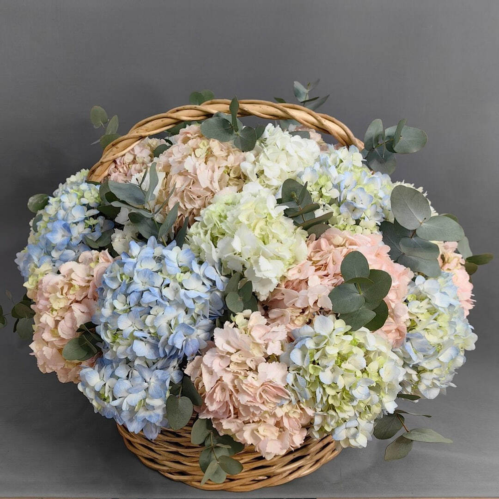 Композиция с 29 гортензиями и веточками эвкалипта