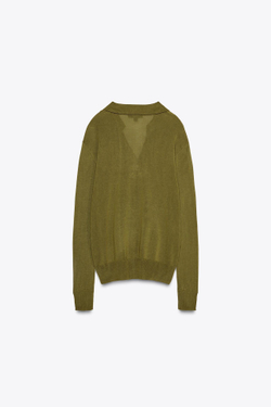 ZARA ОДНОТОННЫЙ СВИТЕР С ВОРОТНИКОМ ПОЛО, ЗЕЛЕНЫЙ