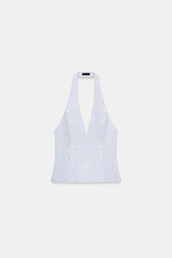 ZARA ТОП С ГОРЛОВИНОЙ ХАЛТЕР И ПУГОВИЦАМИ, СИНИЙ/БЕЛЫЙ
