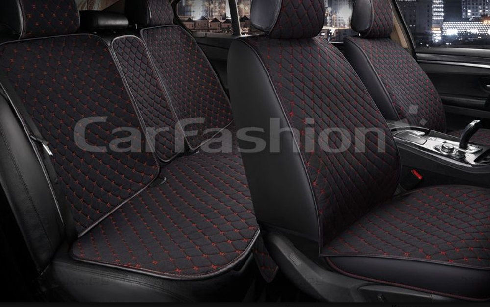 Накидки сидений ПОЛНЫЙ CarFashion (кт) -«WINNER» 22650 -Твид/экокожа черный/черный/шов красный