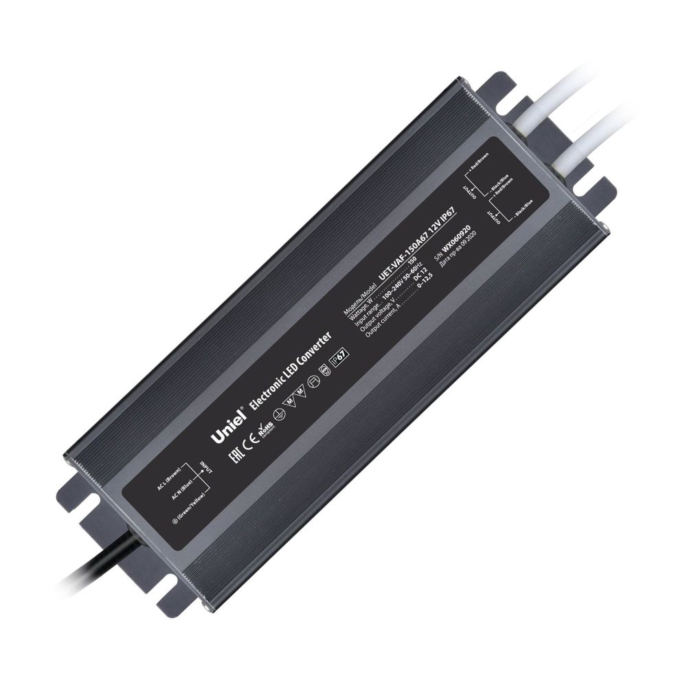 UET-VAF-150A67 12V IP67 2 выхода Блок питания ультратонкий. 150Вт. Металлический корпус. TM Uniel