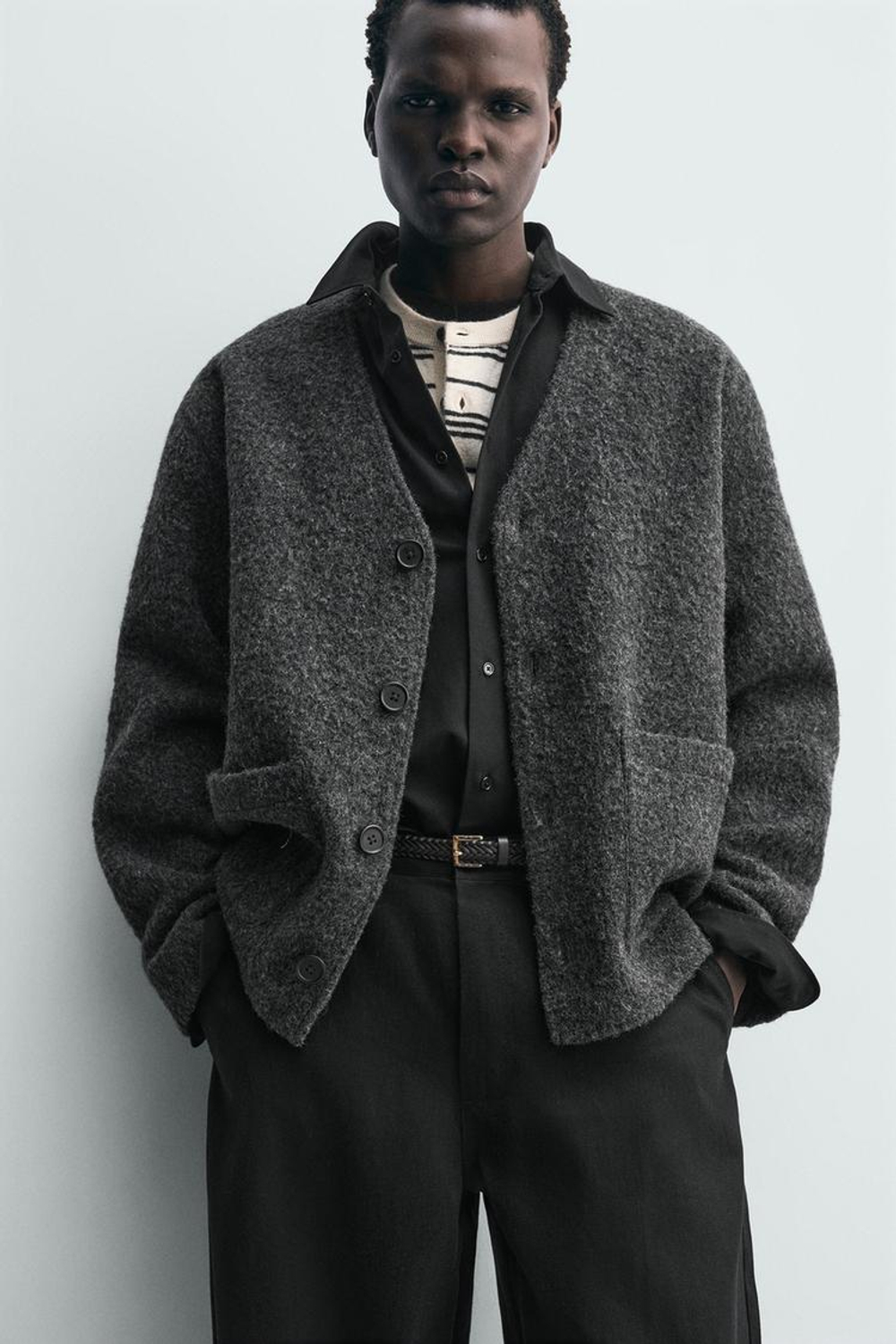 ZARA КАРДИГАН ИЗ РЕЛЬЕФНОЙ ТКАНИ С ШЕРСТЬЮ, АНТРАЦИТОВО-СЕРЫЙ